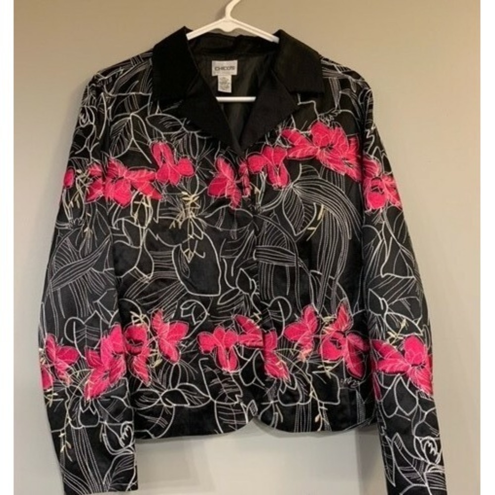 Chico's Size 2 Women Large Art to Wear Floral Embroidered Silk Jacket Boho Chic